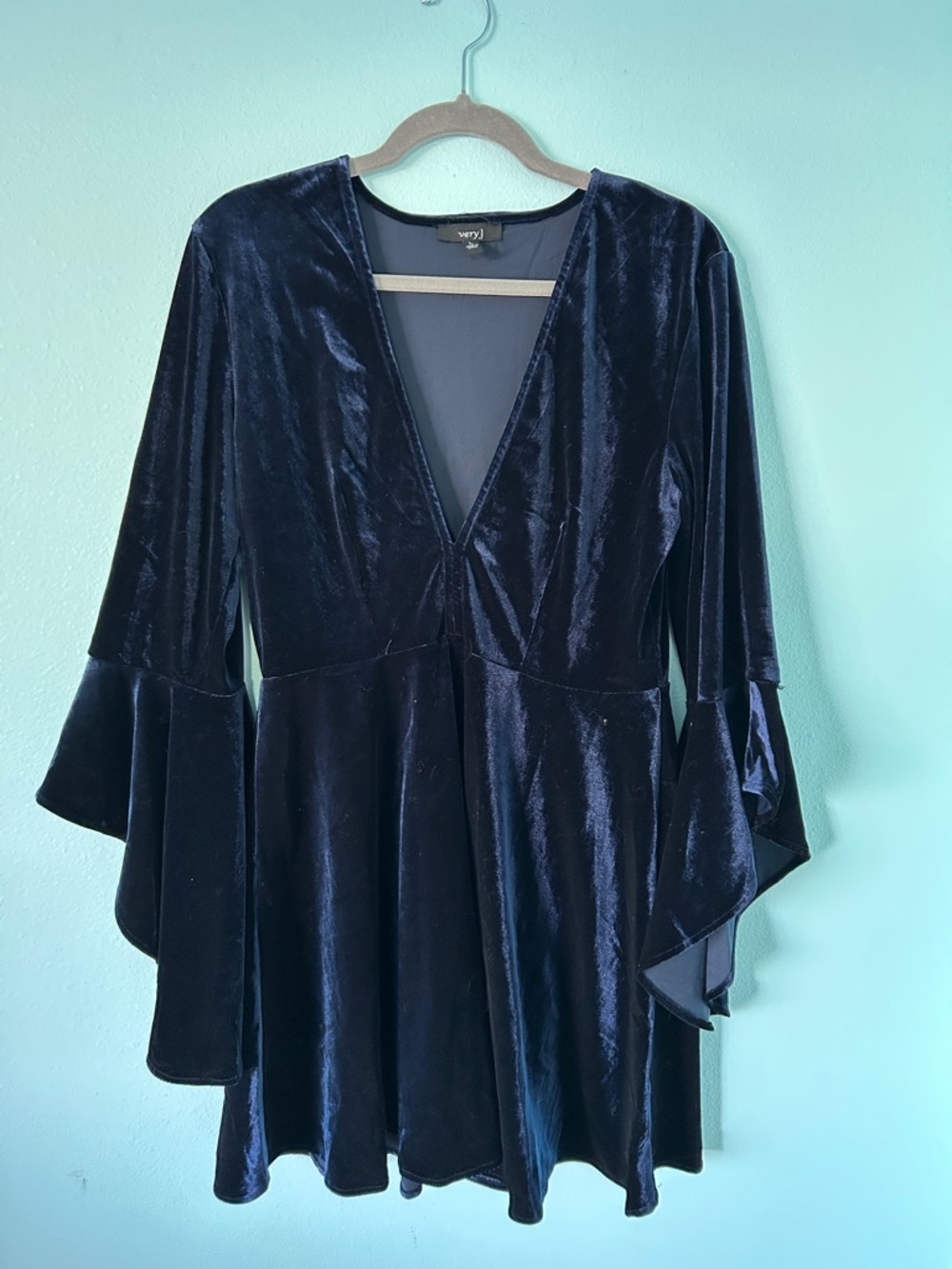 Very J Navy Blue Velvet V-Neck Bell Sleeve Dress